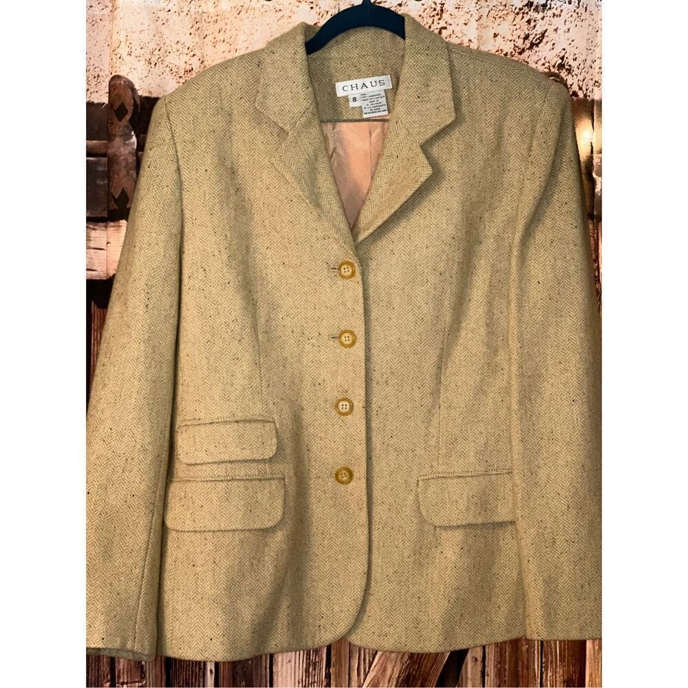 Vintage Tan Herringbone 100% Lambswool Chaus 3 Button Blazer women size 8 NWOT